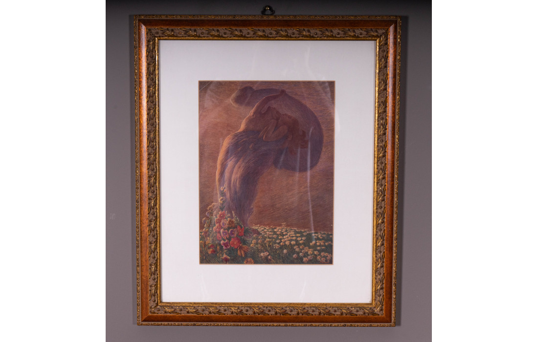 Print by Gaetano Previati with Gold and Red Frame and Passe-partout with Glass