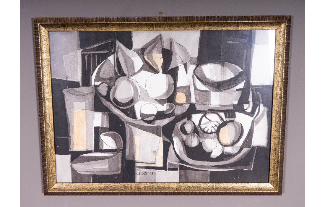 Abstract Painting by Carlo Bianchi, 1978, with Antique Gold Frame