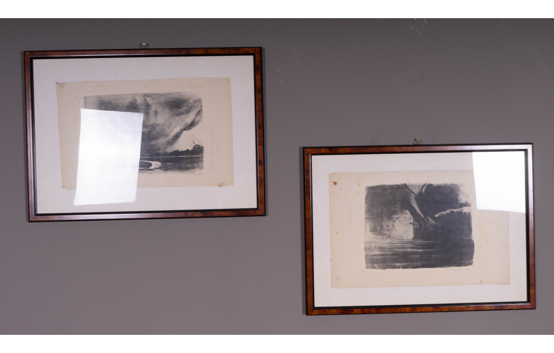 Pair of Charcoal Prints by Michael Egerton - 1930s with Burlwood Frame