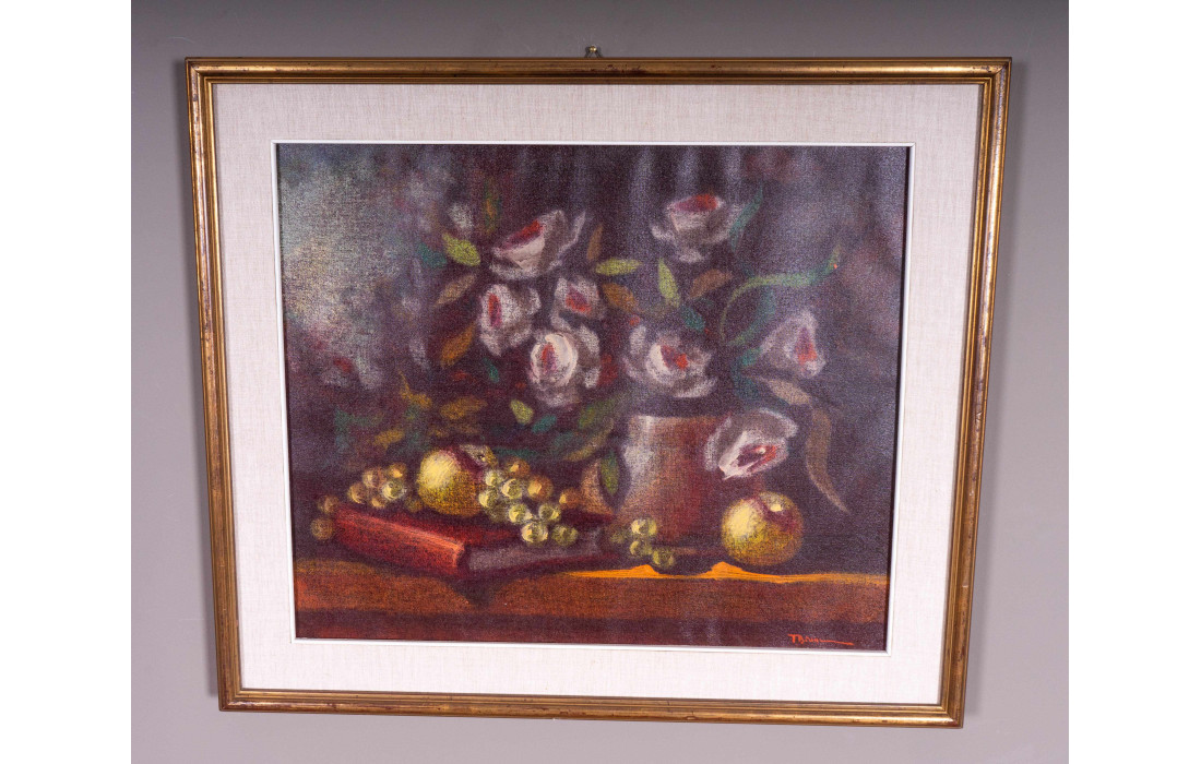 Peinture à l'Huile Nature Morte sur Toile avec Cadre Doré Ancien et Passe-Partout