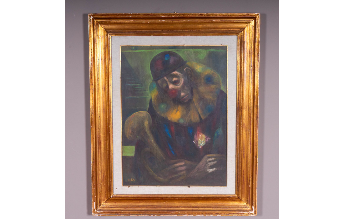 Quadro Olio su Tela "Clown" con Cornice Oro Invecchiata