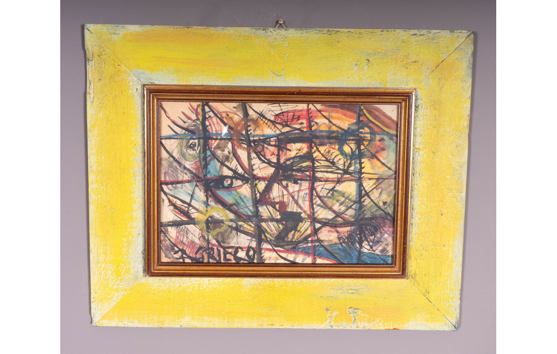 Abstract Painting by A. Grieco with Yellow Passe-partout