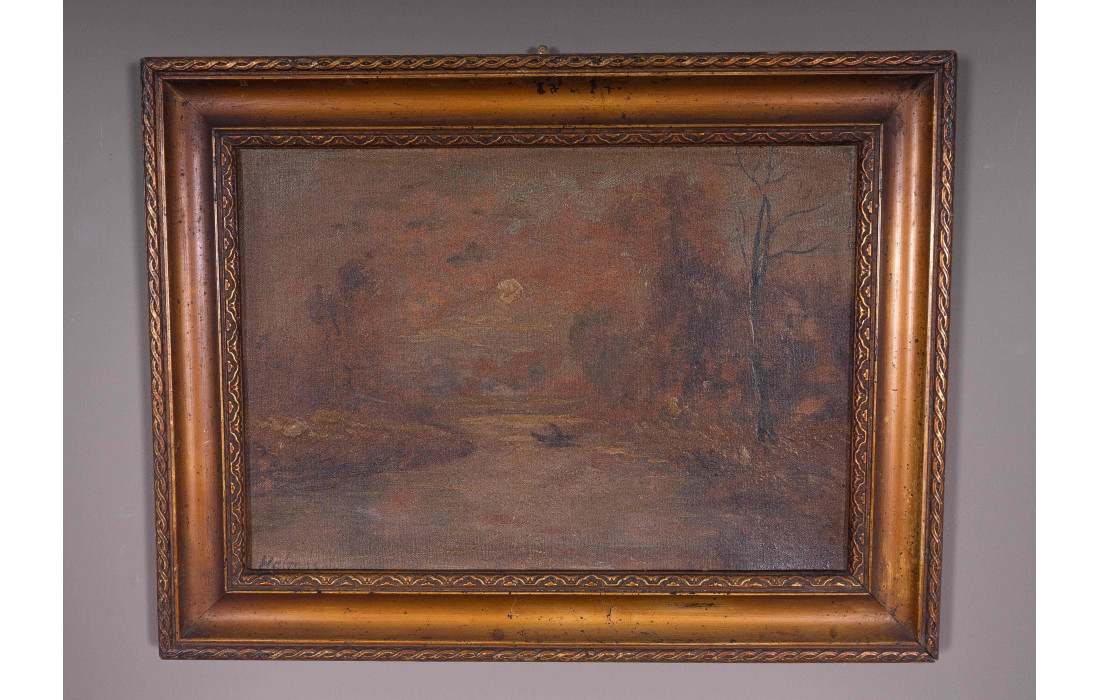 Tableau Paysage à l'Huile sur Toile avec Cadre Doré Vieilli