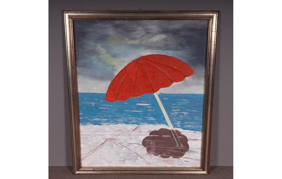 Peinture à l'Huile sur Toile avec Reliefs – Thème Marin avec Parasol Rouge