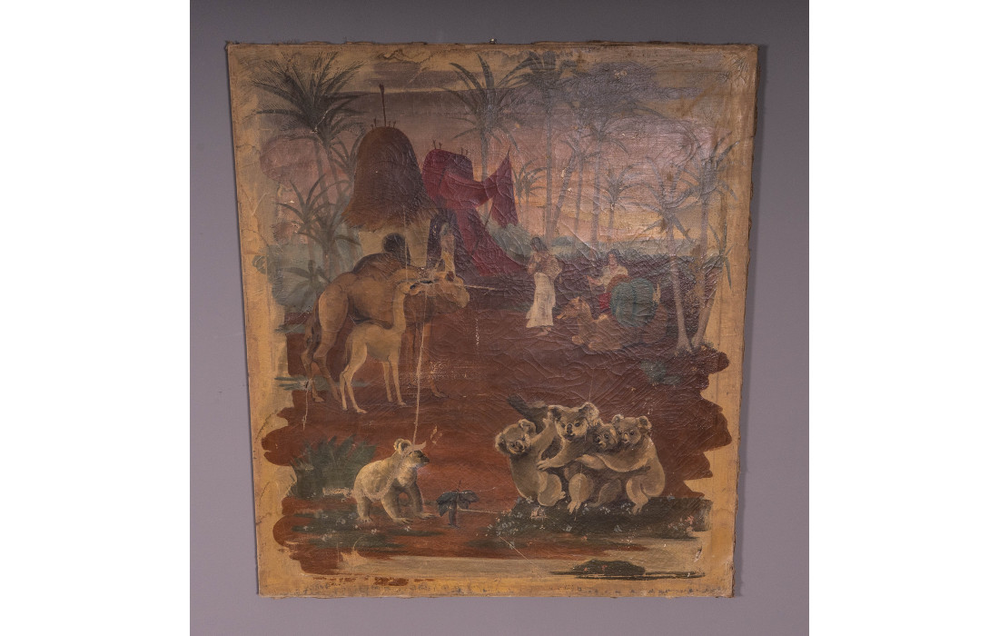 Grand Tableau Africain à l'Huile sur Toile sans Cadre - Scène Exotique (avec Déchirures)