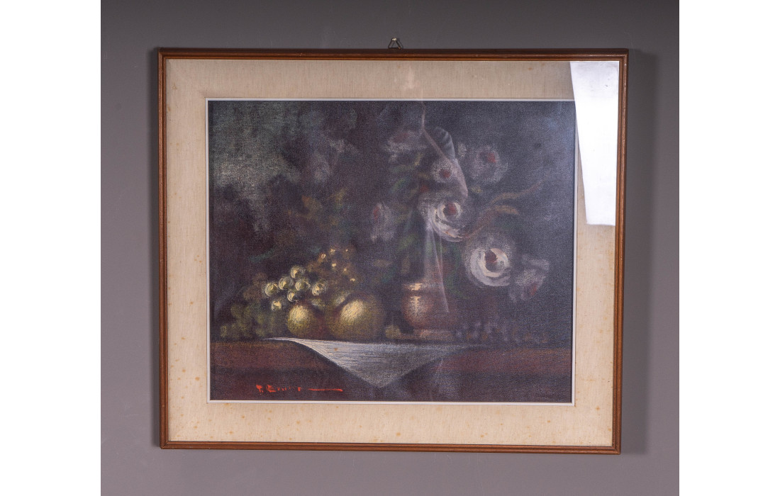 Still Life Oil Painting on Canvas with Dark Wood Frame and Aged Passe-partout – Classic Elegance