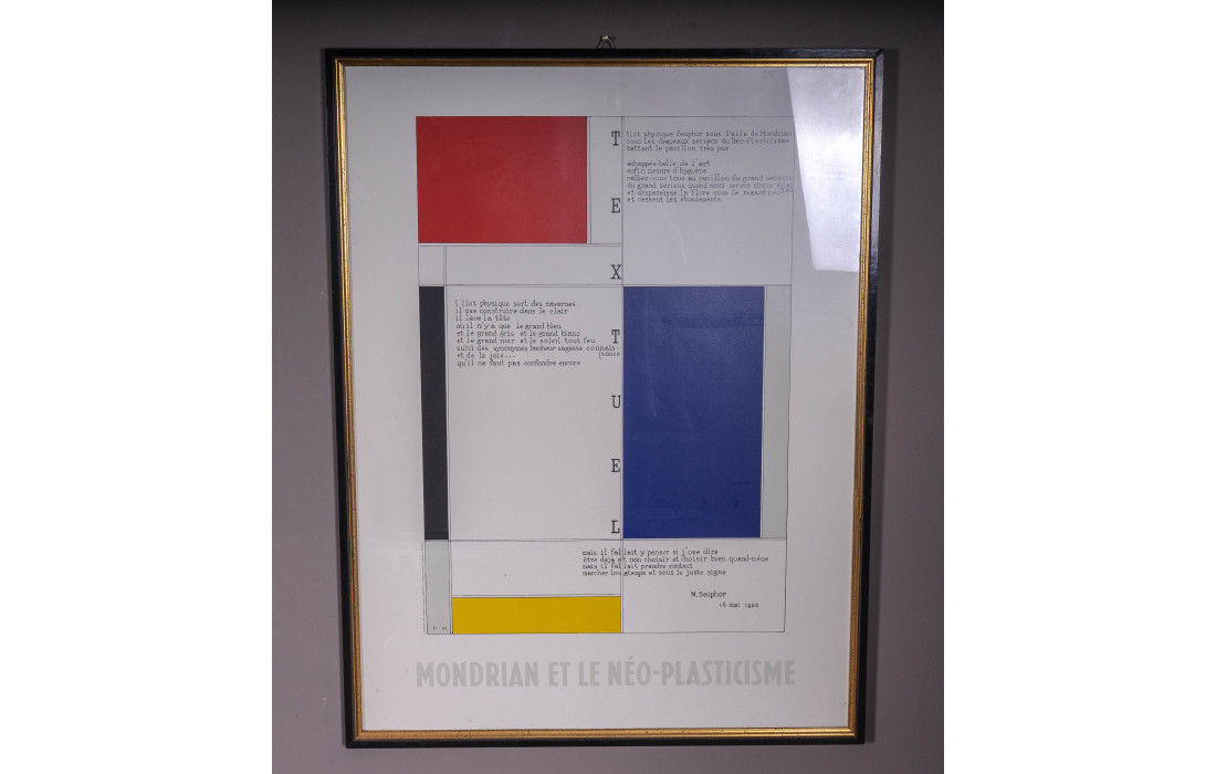 Bilderrahmen mit Mondrian-Druck "Mondrian et le Néo-Plasticisme", Schwarz-Goldener Glasrahmen