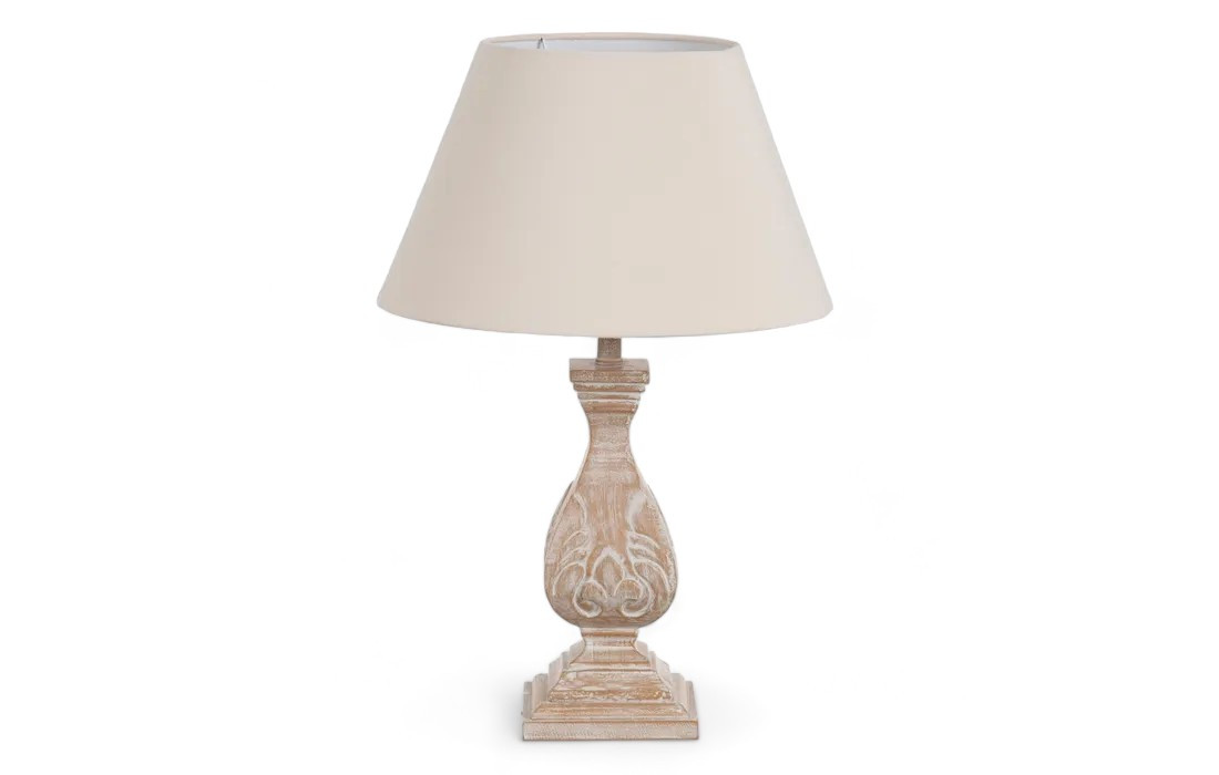 Lampe de table classique en résine avec abat-jour en tissu – Effet bois blanchi