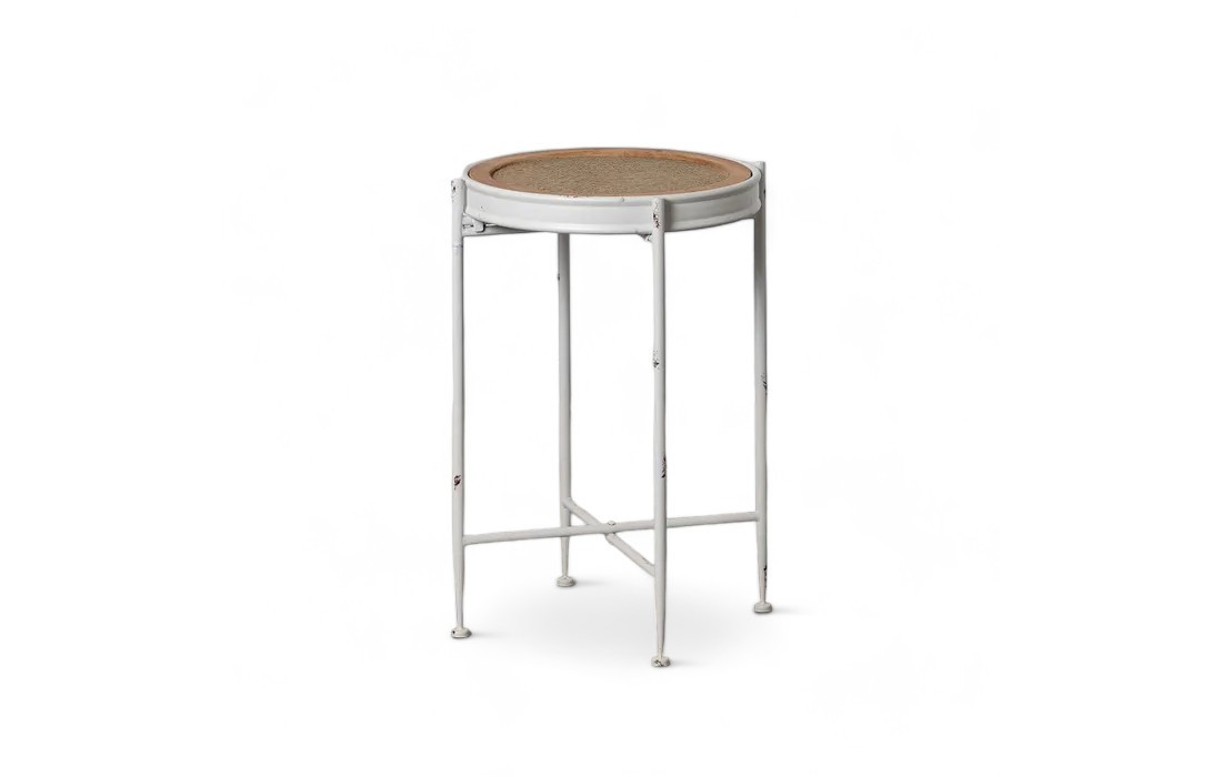 Table en métal blanc avec détails en paille tressée – Design polyvalent