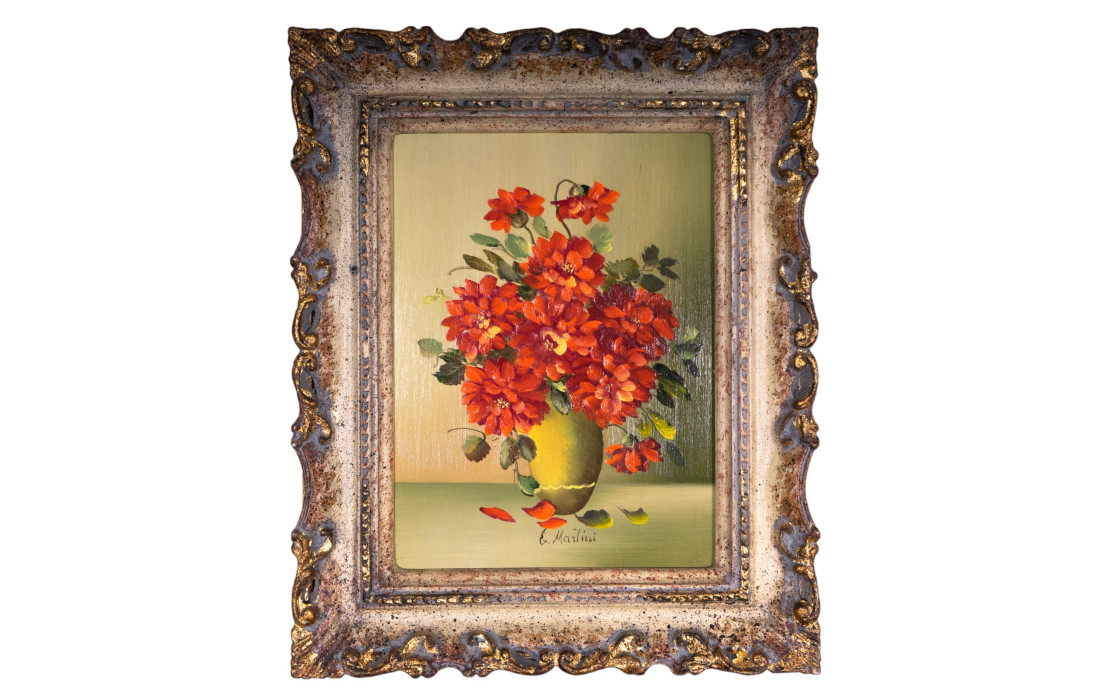 Quadro olio su tela con vaso di fiori e cornice classica