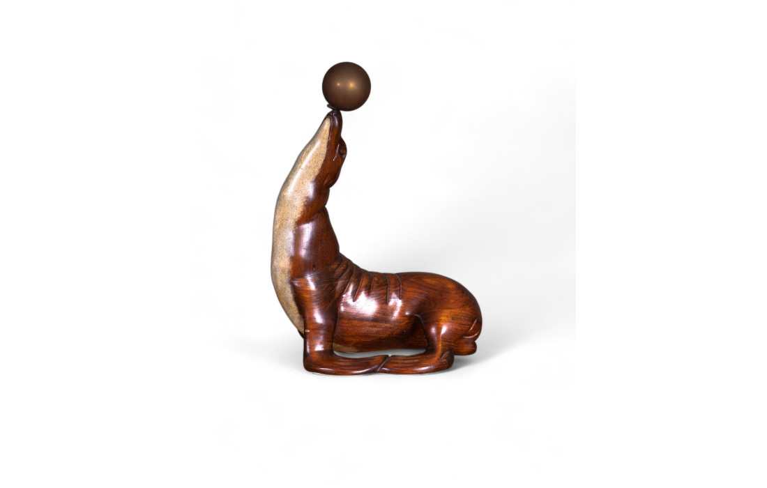 Solid Wood Sea Lion Sculpture with Bronze Sphere