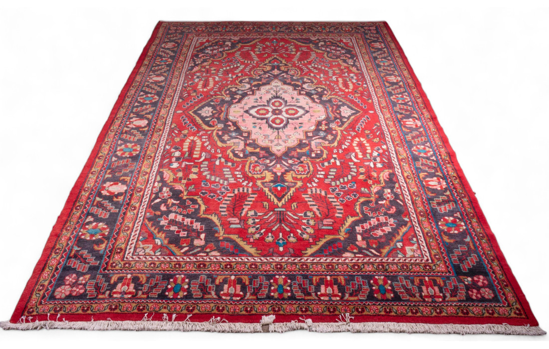 Élégant Tapis Persan Rectangulaire en Laine Pure avec Détails Rouges et Floraux