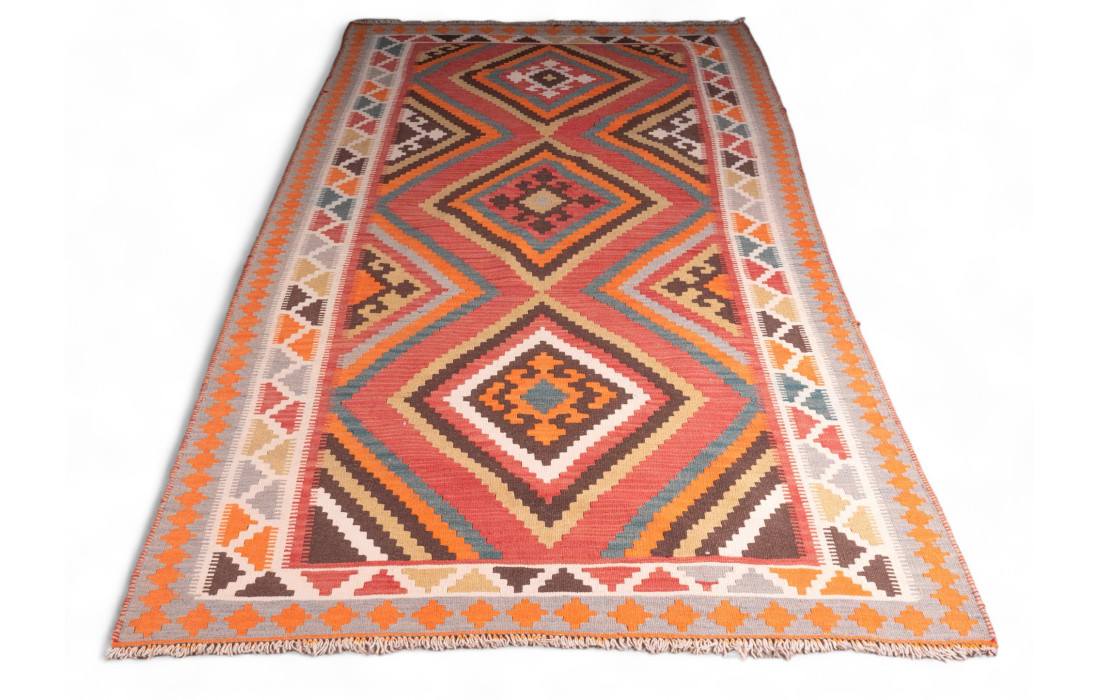 Tapis Rectangulaire Kilim en Laine aux Motifs Géométriques Vifs