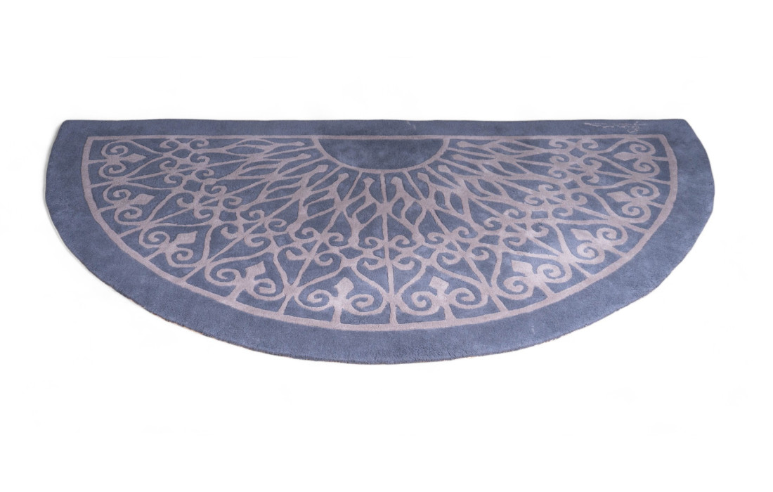 Semi-Circular Gill's Rug in Pure Wool, Gray-Blue with Decorative Pattern - 120x220 cm