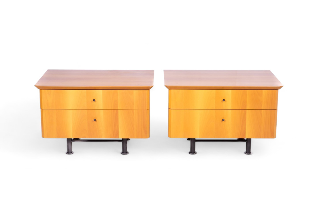 Pair of Vintage Presotto Rino Bedside Tables in Walnut and Teak with Metal Legs