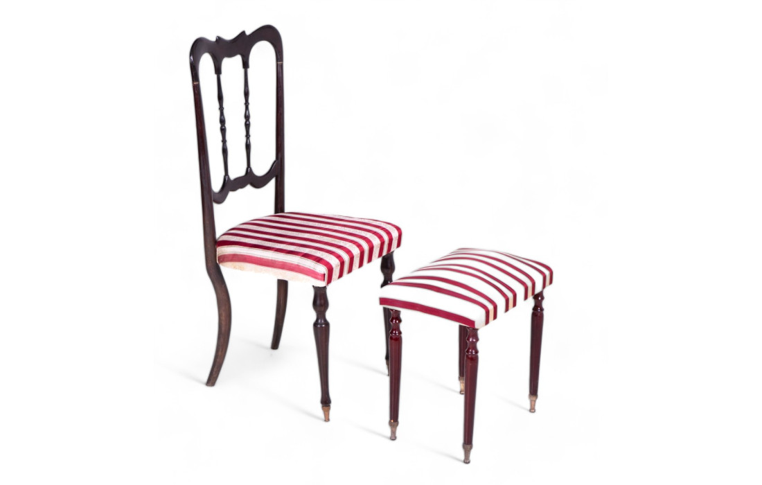 Victorian Chair with Matching Footrest in Ebonized Wood and Striped Satin, 1950s