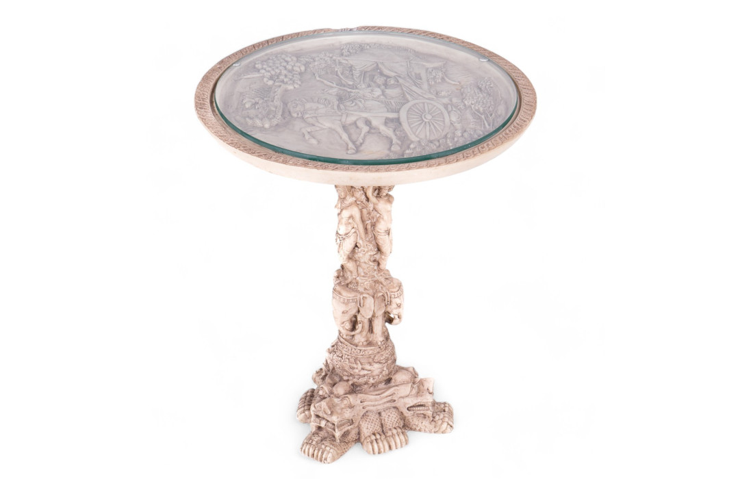 Vintage Chinese Opium Table from the 1960s in Faux Ivory Style with Detailed Sculptures