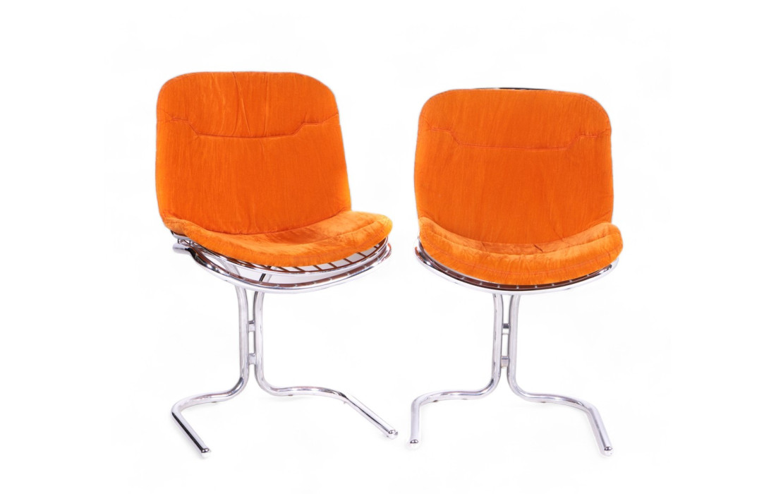 Set of 2 Gastone Rinaldi Chairs for Rima Model "Radiofreccia" 1970s, in Chrome Metal with Original Orange Cushions