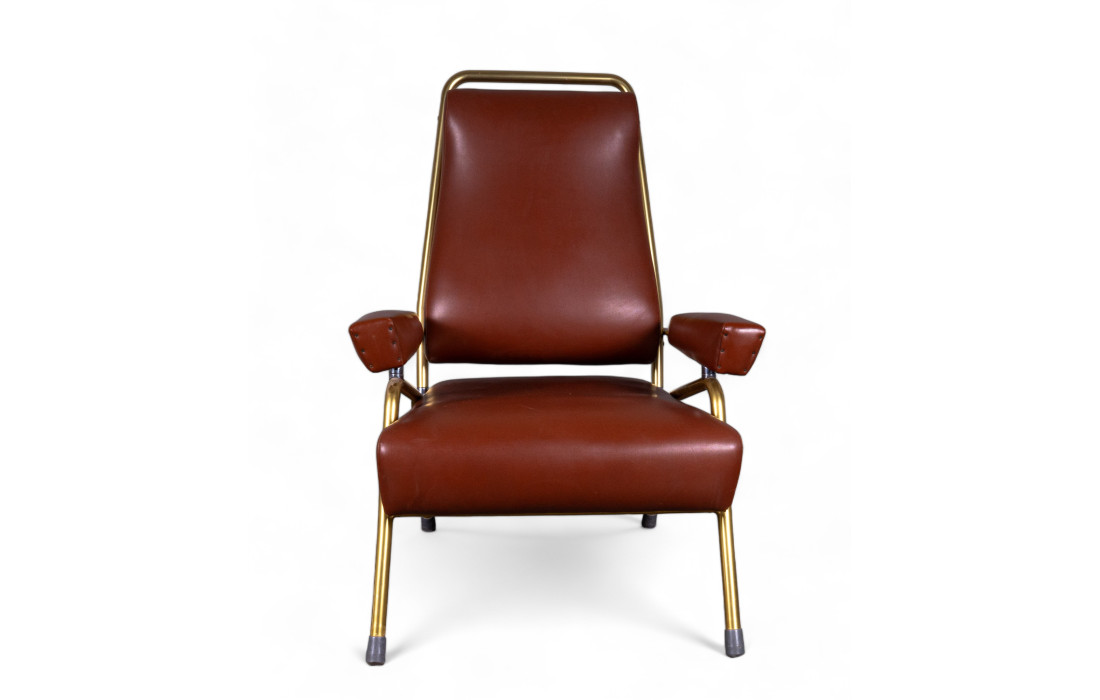 Vintage Brown Skai Armchair with Gold Frame - 1960s