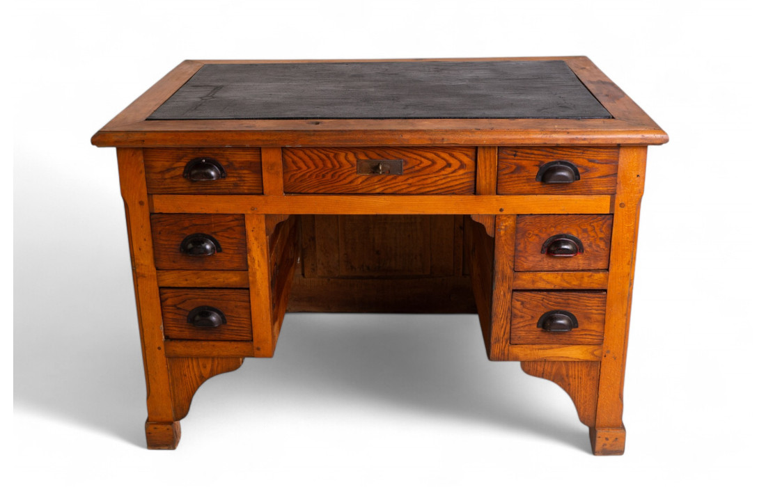 Ministerial Desk from the 1940s in Solid Oak with Vinyl Leather Top