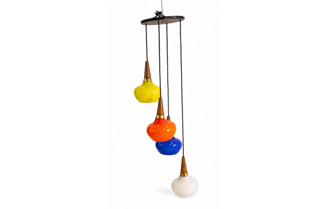 Lampadario Vintage Multicolore in Vetro e Legno, Stile Anni '70