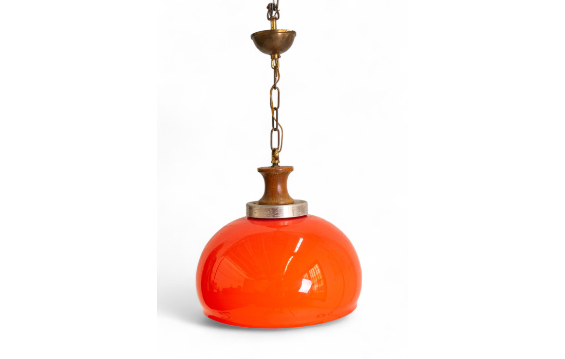 Vintage Orange Pendant Lamp with Brass and Wood Details