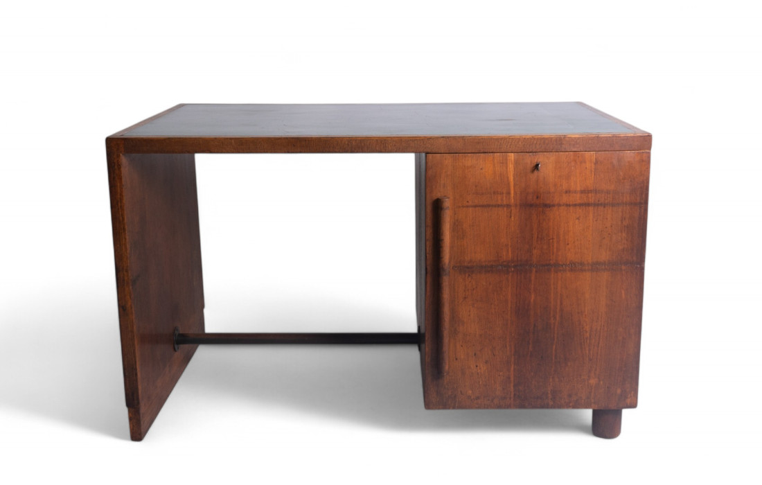 Elegant 1950s Solid Oak Desk with Green Linoleum Top and Hidden Drawers