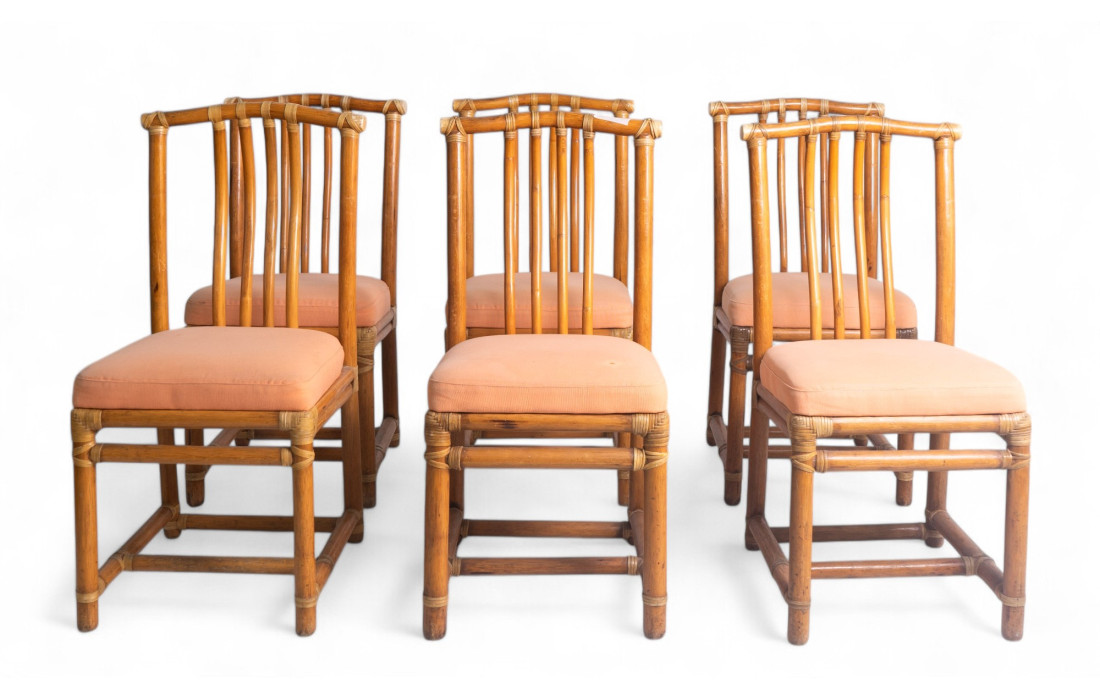 Elegant Set of 6 Vintage Bamboo Chairs with Peach-Colored Upholstered Seat